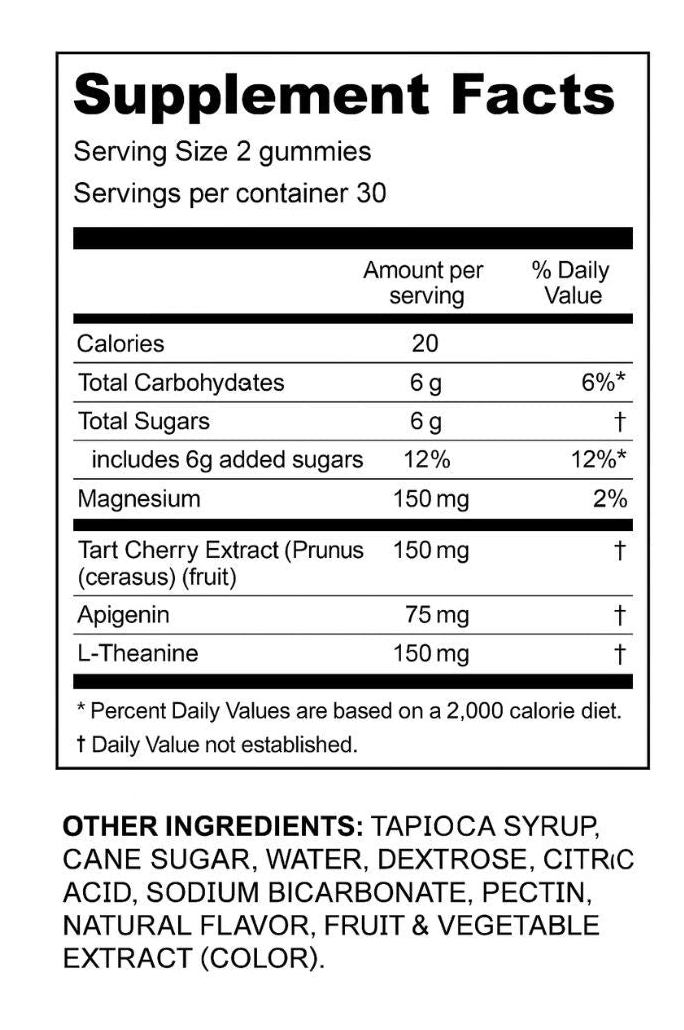 Supplement Facts label: 2 gummies per serving, 30 servings